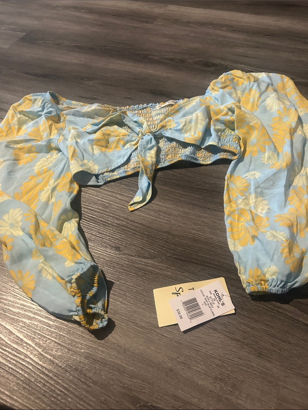 Kohl's Light Blue & Yellow Floral Tie-Front Puff Sleeve Crop Top